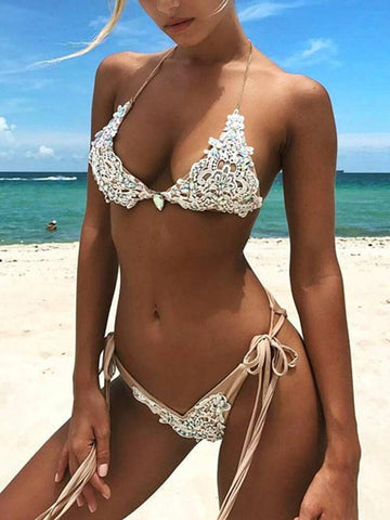 Airchics maillot de bain avec dentelle strass bikini blanc et khaki